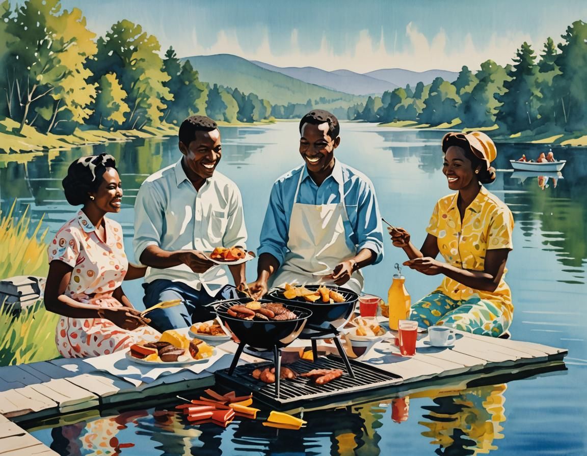 Black Family BBQ on the Lake in Pop Art Style