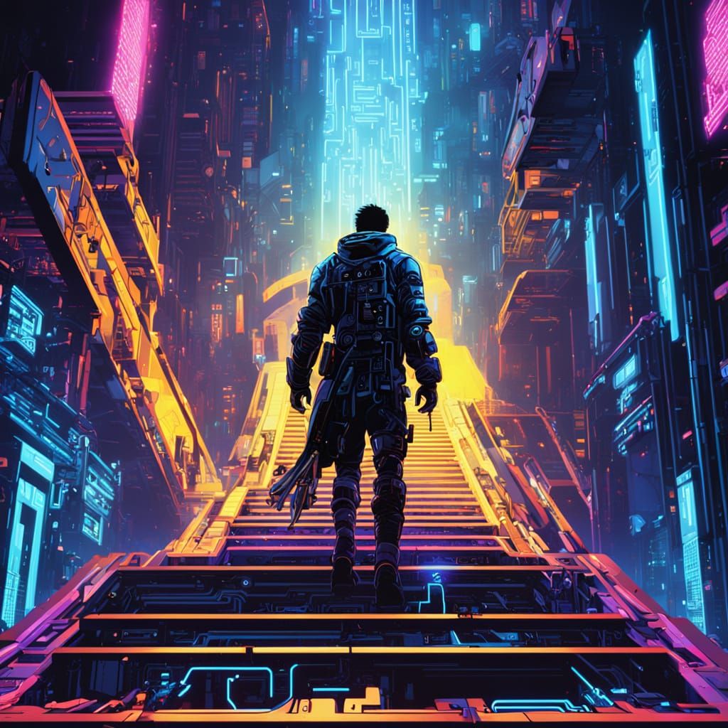 Glowing Figure Ascending Digital Stairs in Cyberpunk Style
