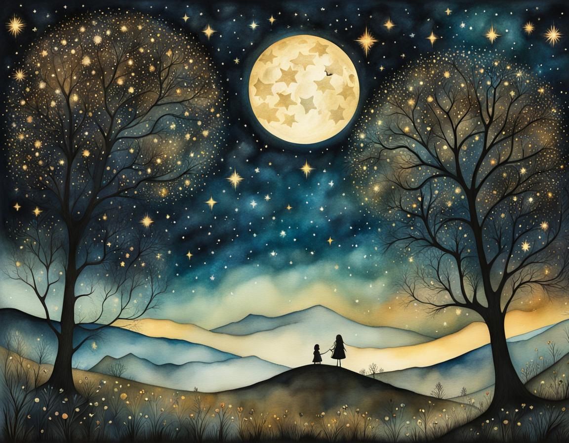 Starry Eyes Light Up Darkest Night: Whimsical Illustration