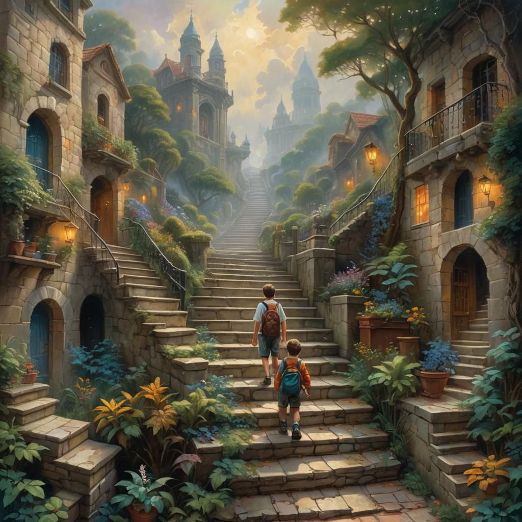 Boy Ascends Stairs Inside Gigantic Book, Detailed Digital Pa...