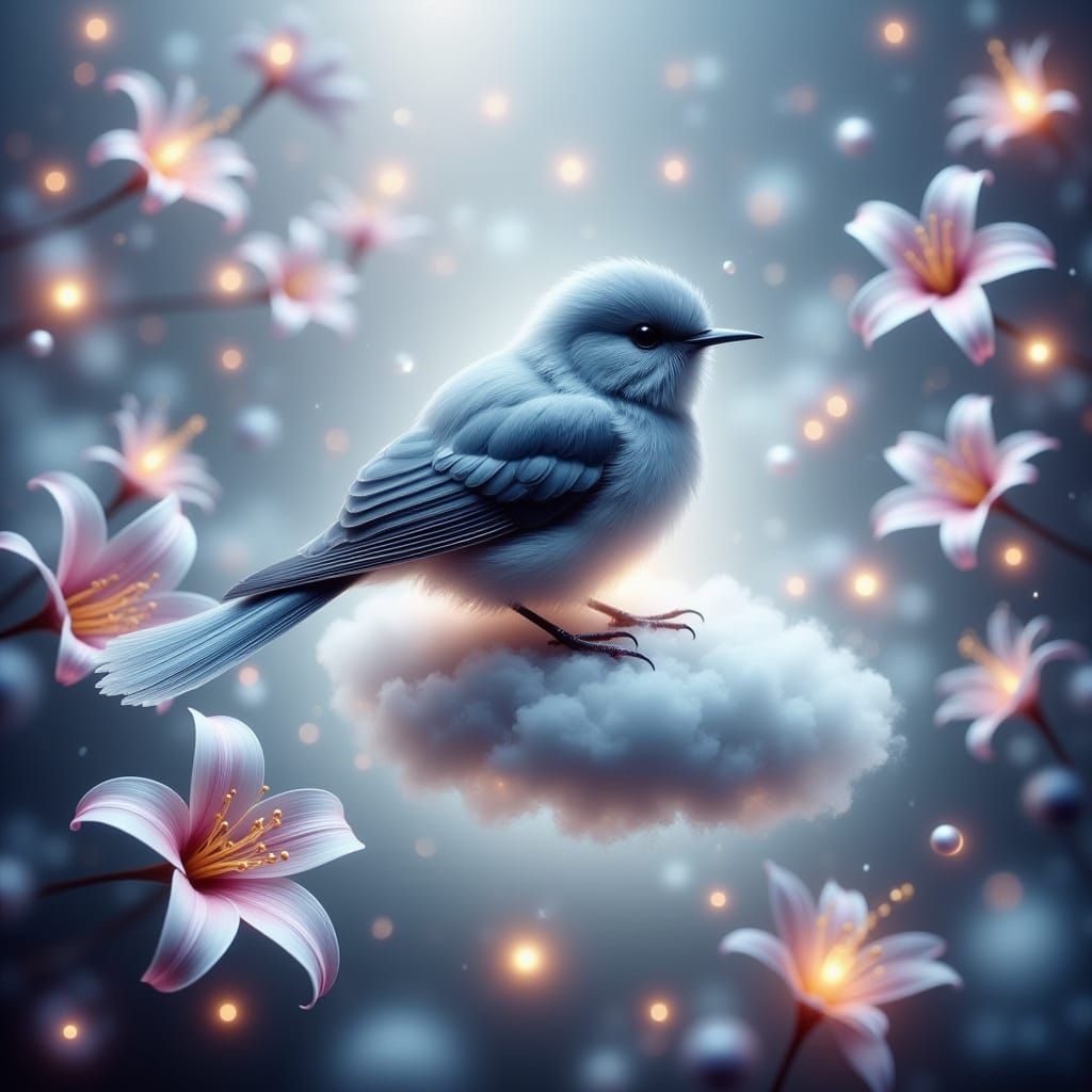 Ethereal Songbird Sings Among Clouds and Blooms