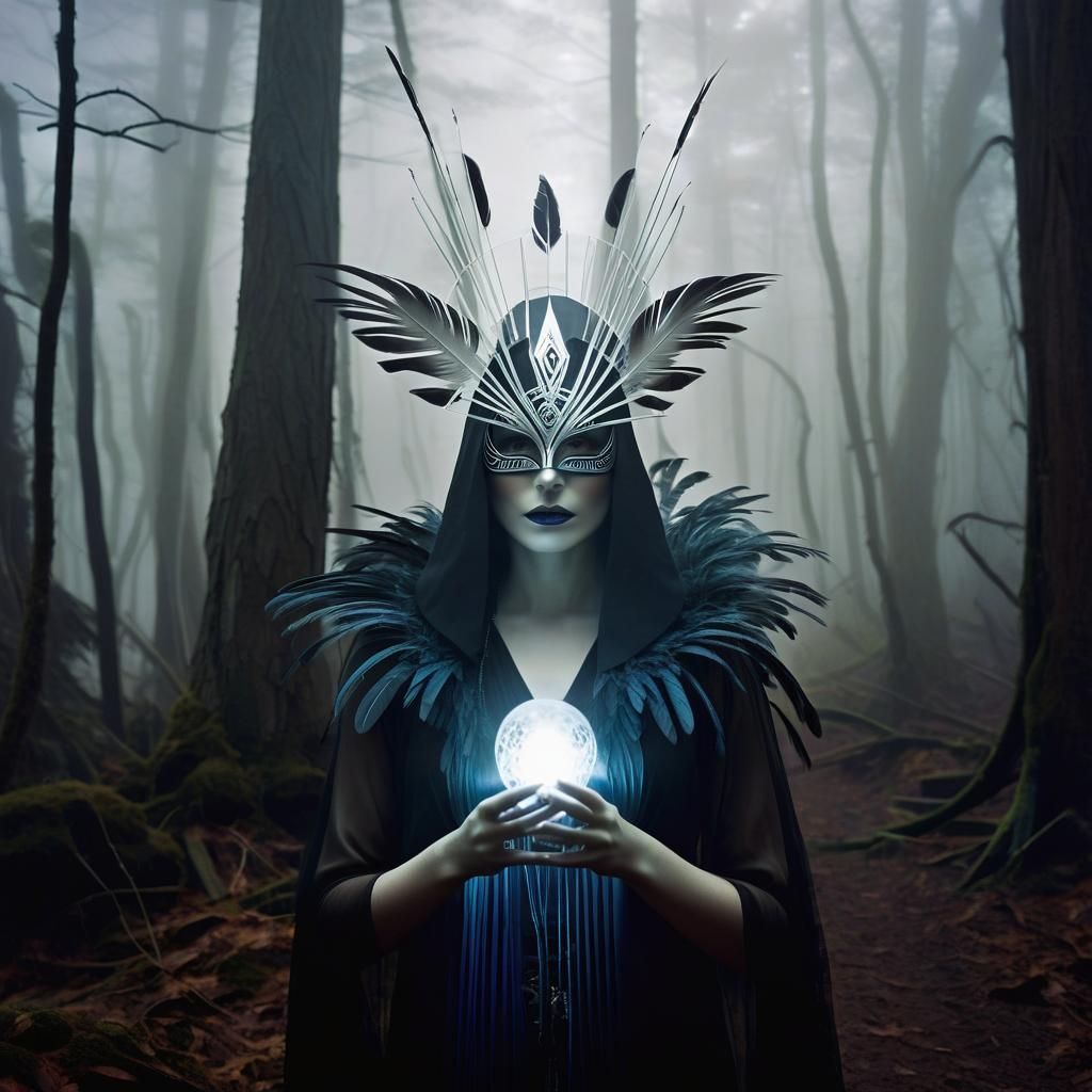 Ghostly Feather Mask Sorceress in Eerie Forest