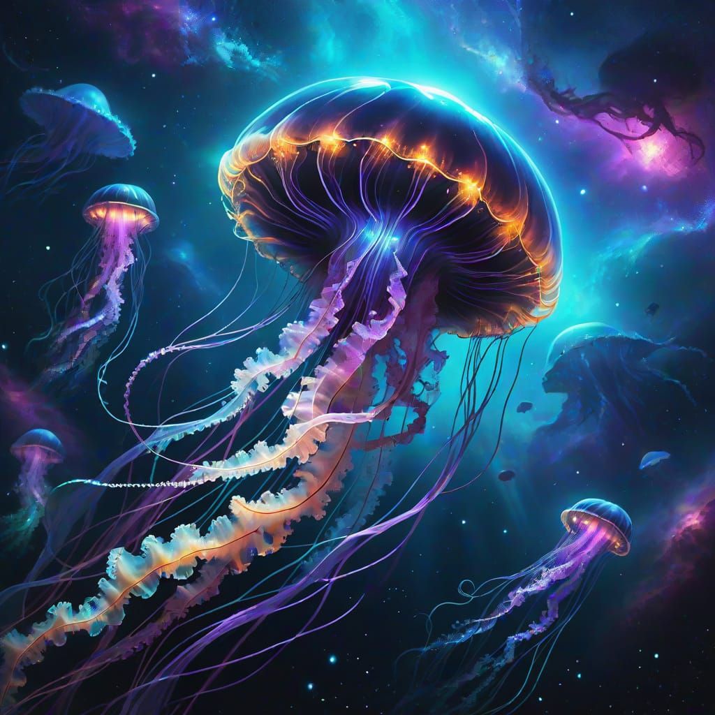 Bioluminescent Jellyfish in Cosmic Ocean Nebula