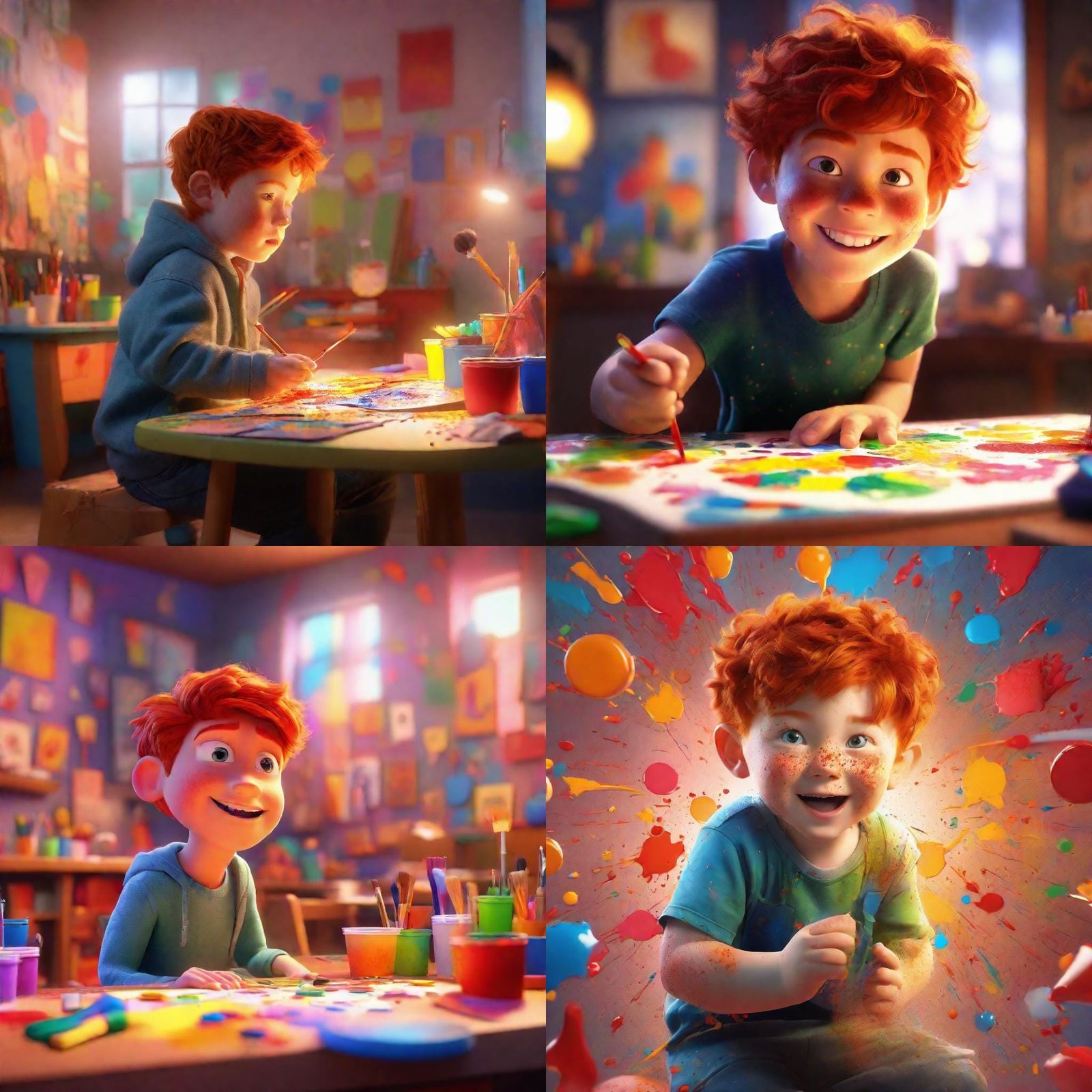 Fun Painting Session with Freckled Redhead Boy: Pixar-Style ...