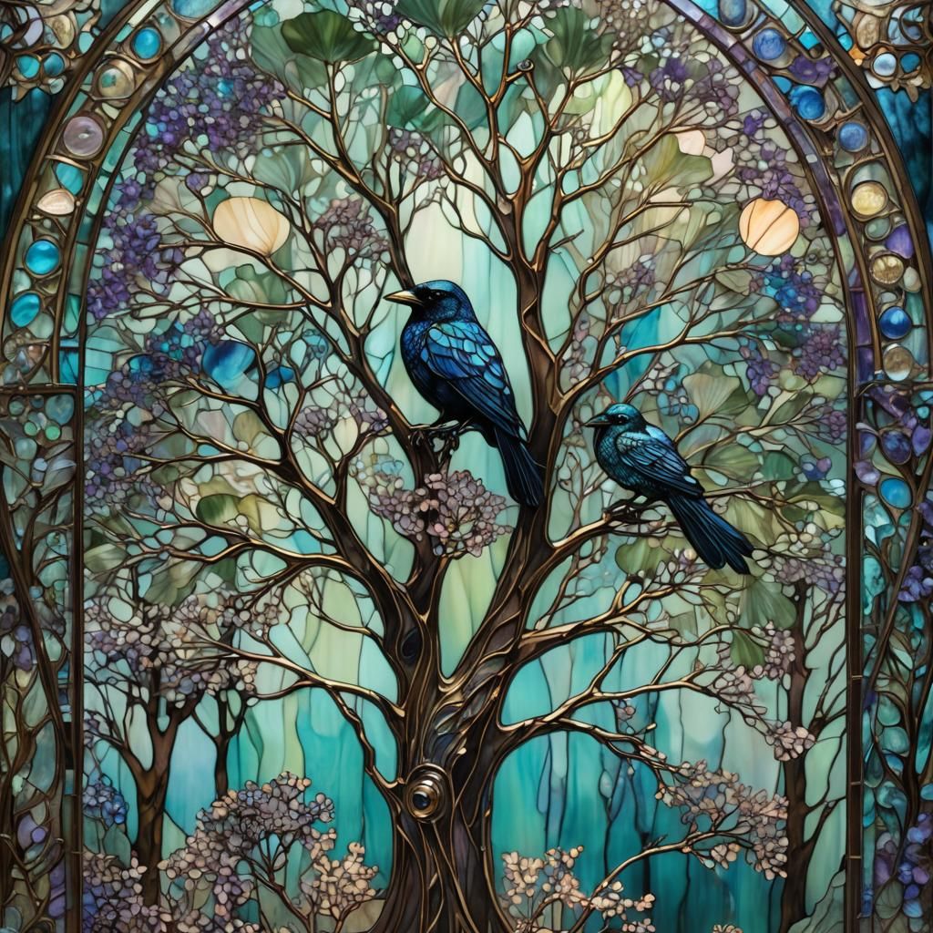 Stained Glass Forest with Raven in Art Nouveau Style