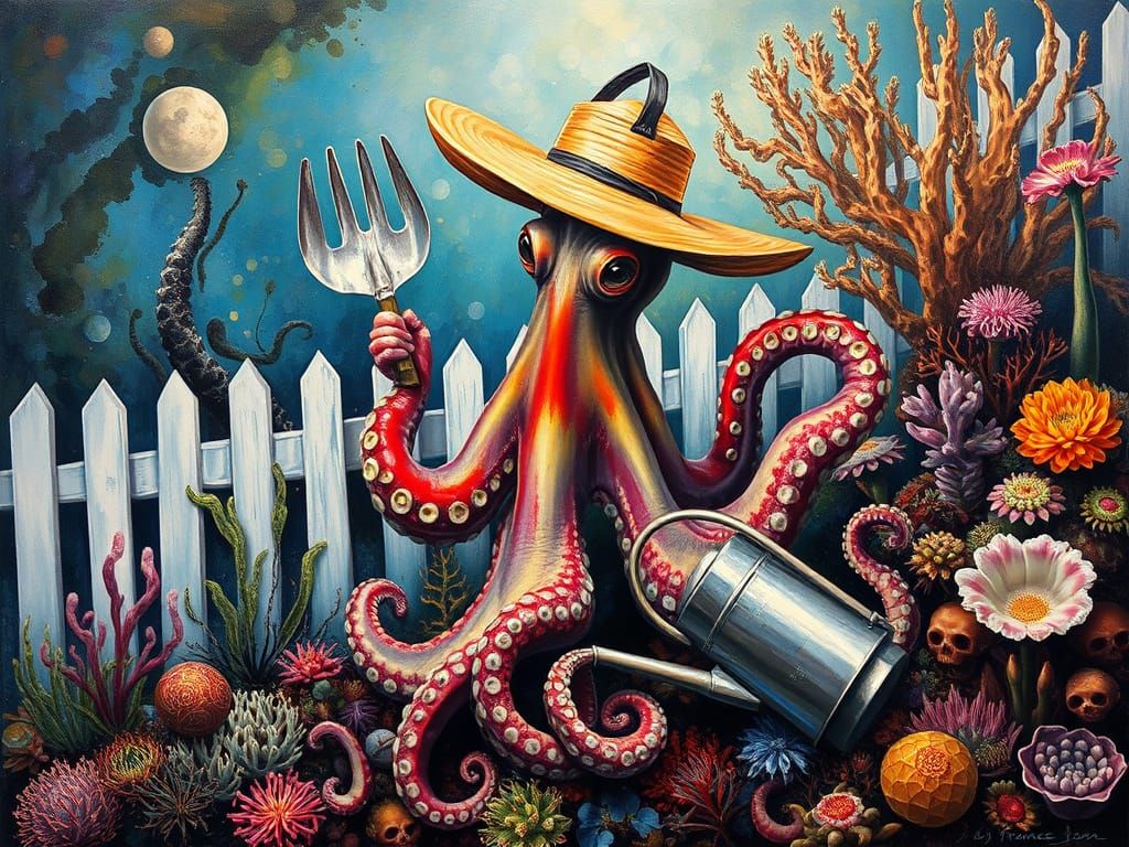 Surreal Octopus Gardener in an Undersea Garden
