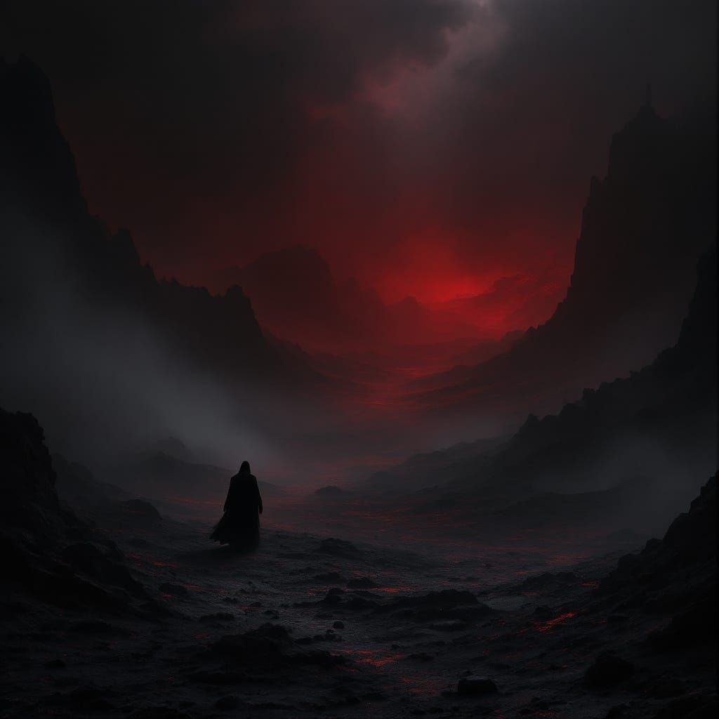 Dark Fantasy Landscape in Black and Deep Red