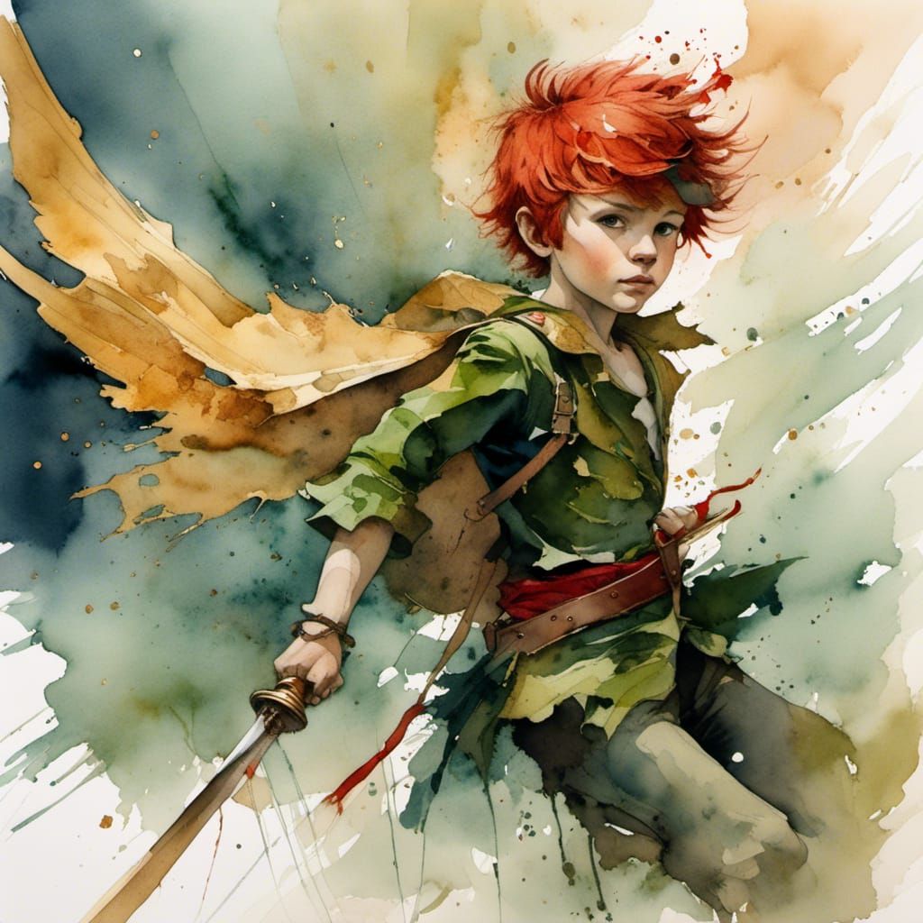 A portrait of a boy peter pan flying over London, dressed in  leaf clothing, a gold sword on belt, no hat, red scruffy h...