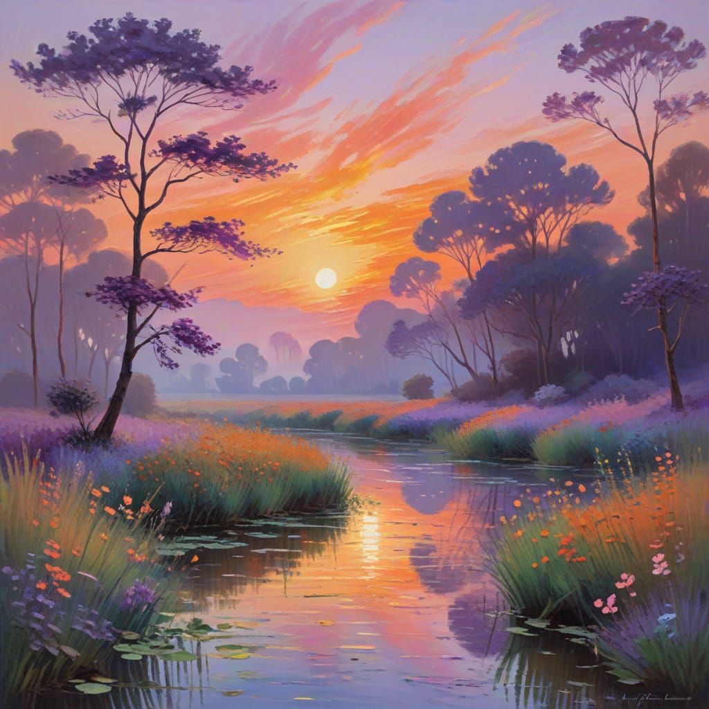 Peaceful Sunset Landscape in Impressionist Style