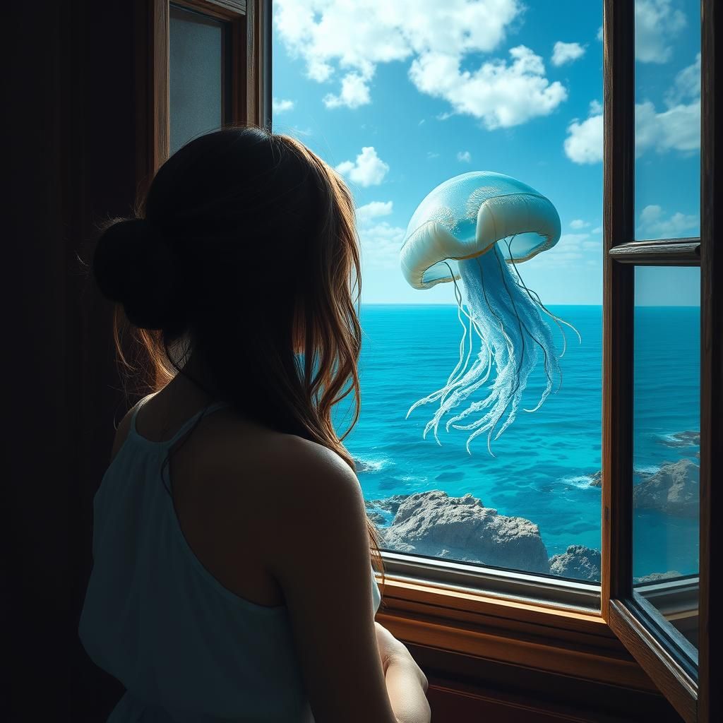 A big window. Girl looking at the emerald blue sea...