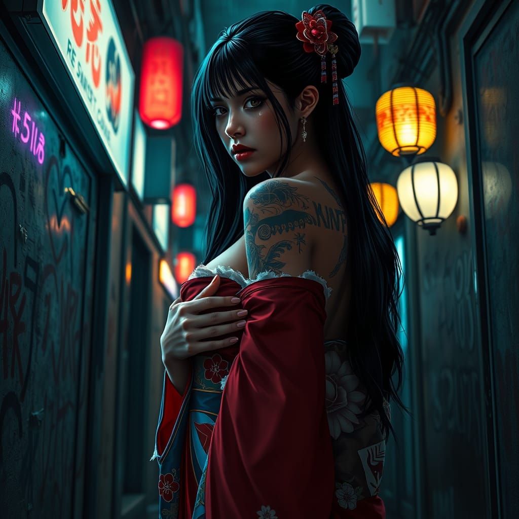 Cyberpunk Geisha's Sorrow in Neon Alley
