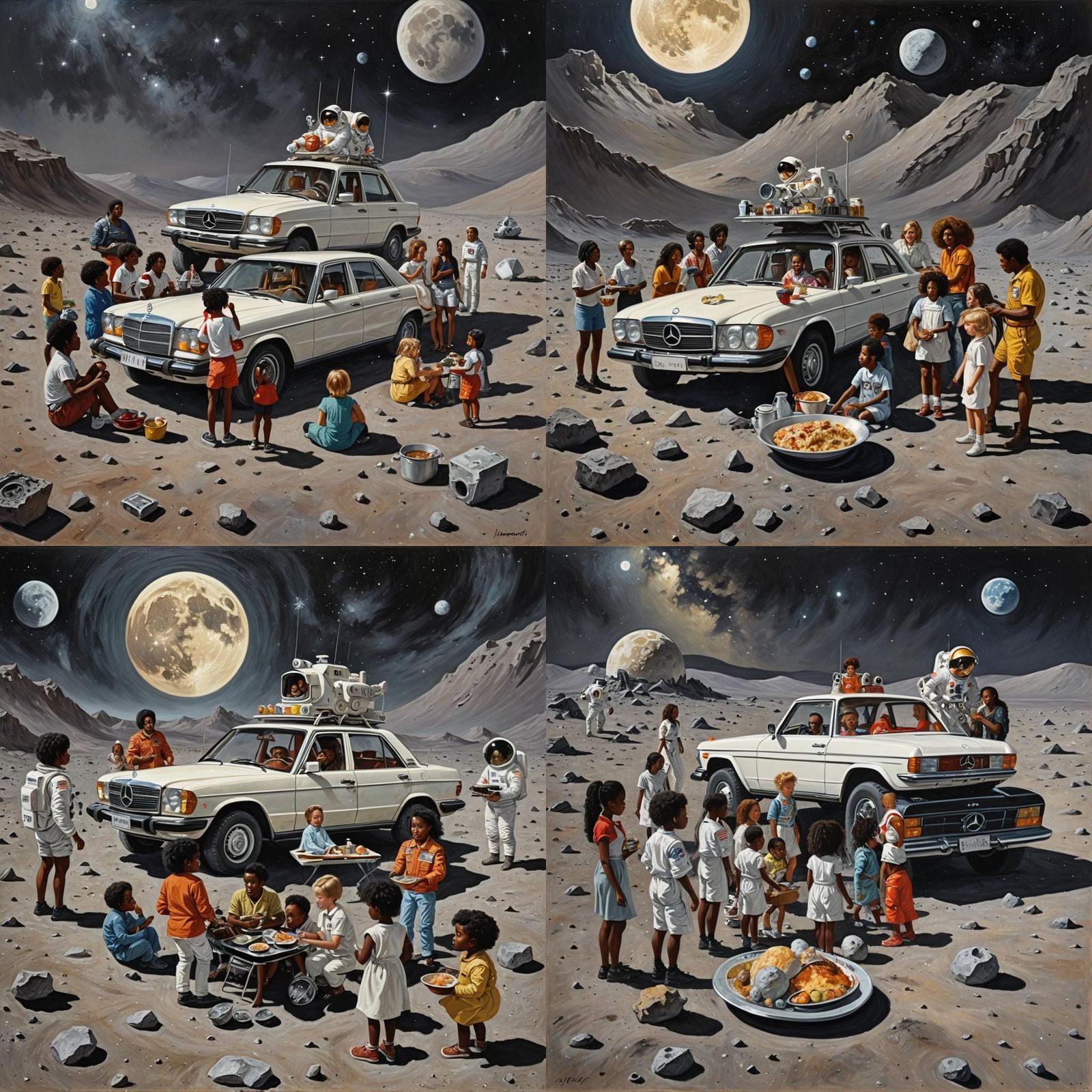 Mercedes in Space: Lunar Picnic, Oil Painting