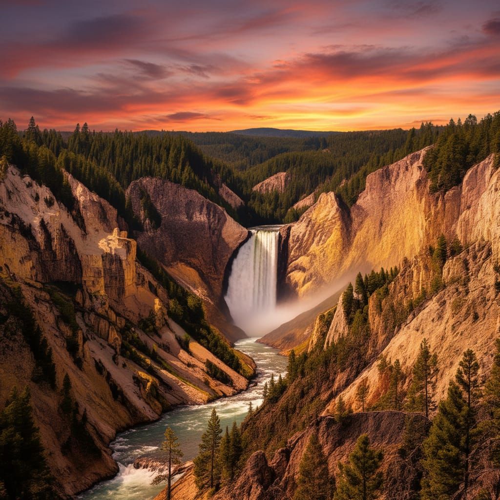 vibrant, alive, colorful image of Yellowstone's Lower Falls