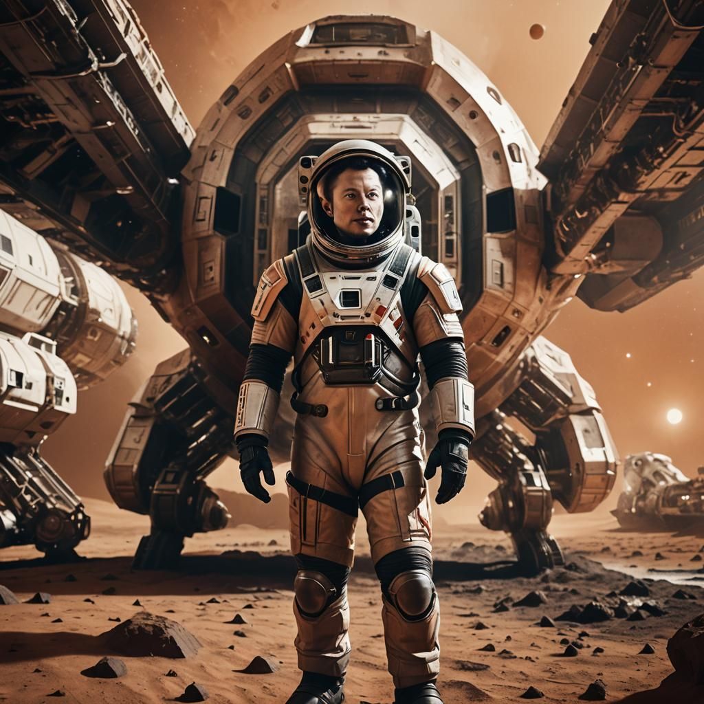 Elon Musk on Mars in Spacesuit: Cinematic Still