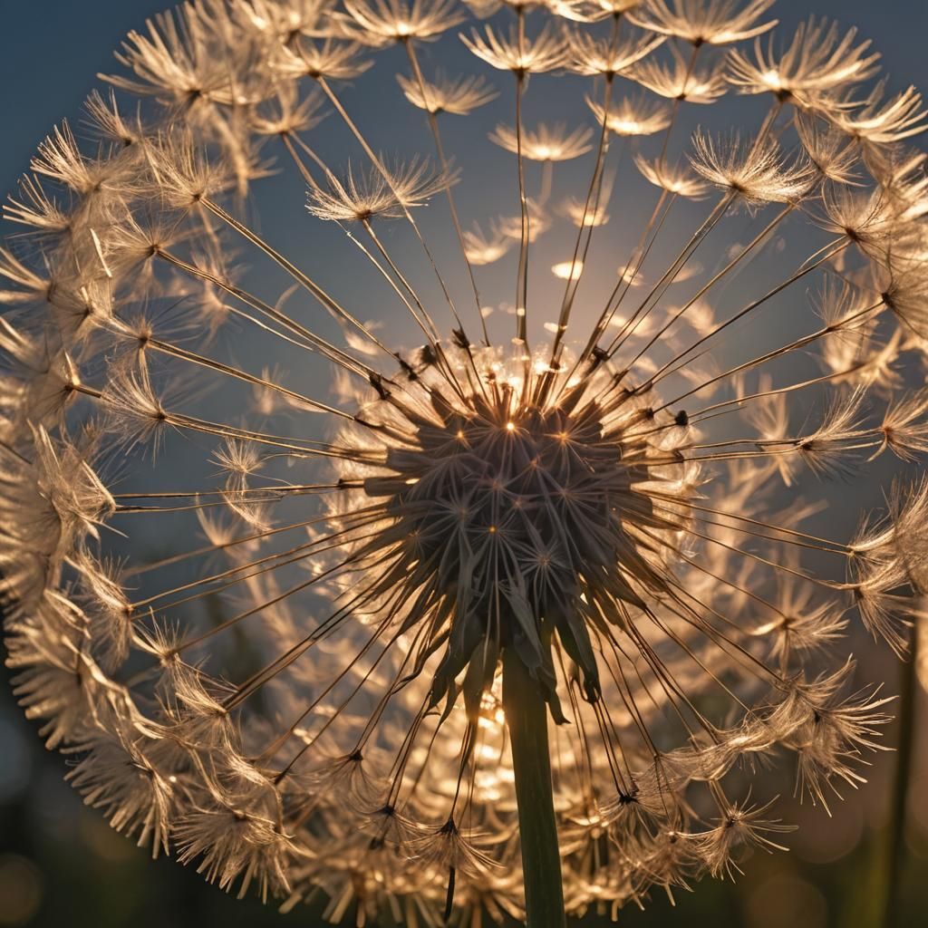 Dandelion Clock Backlit by Golden Hour Light