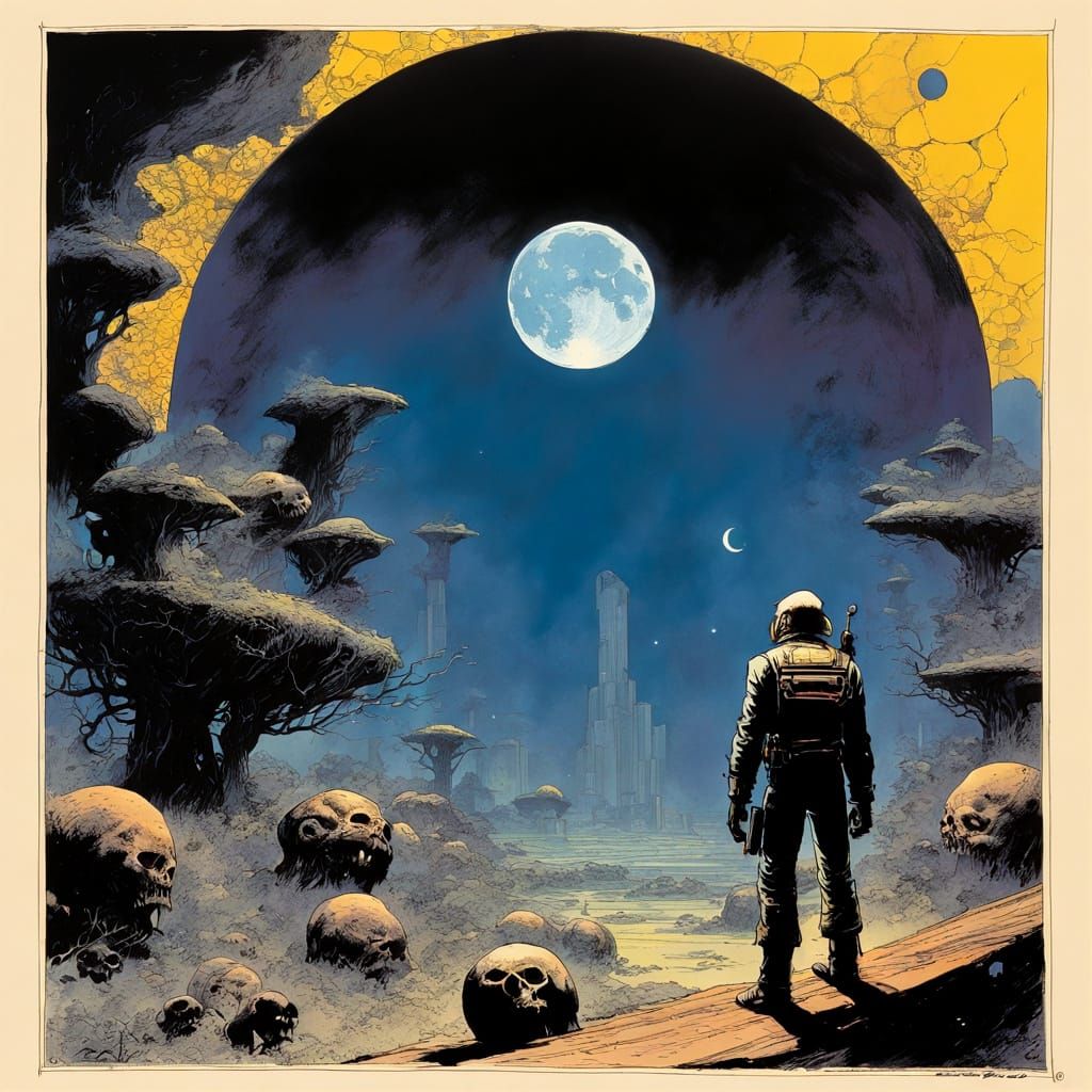 Moonlit Macabre Mystery in Retro Sci-Fi Style