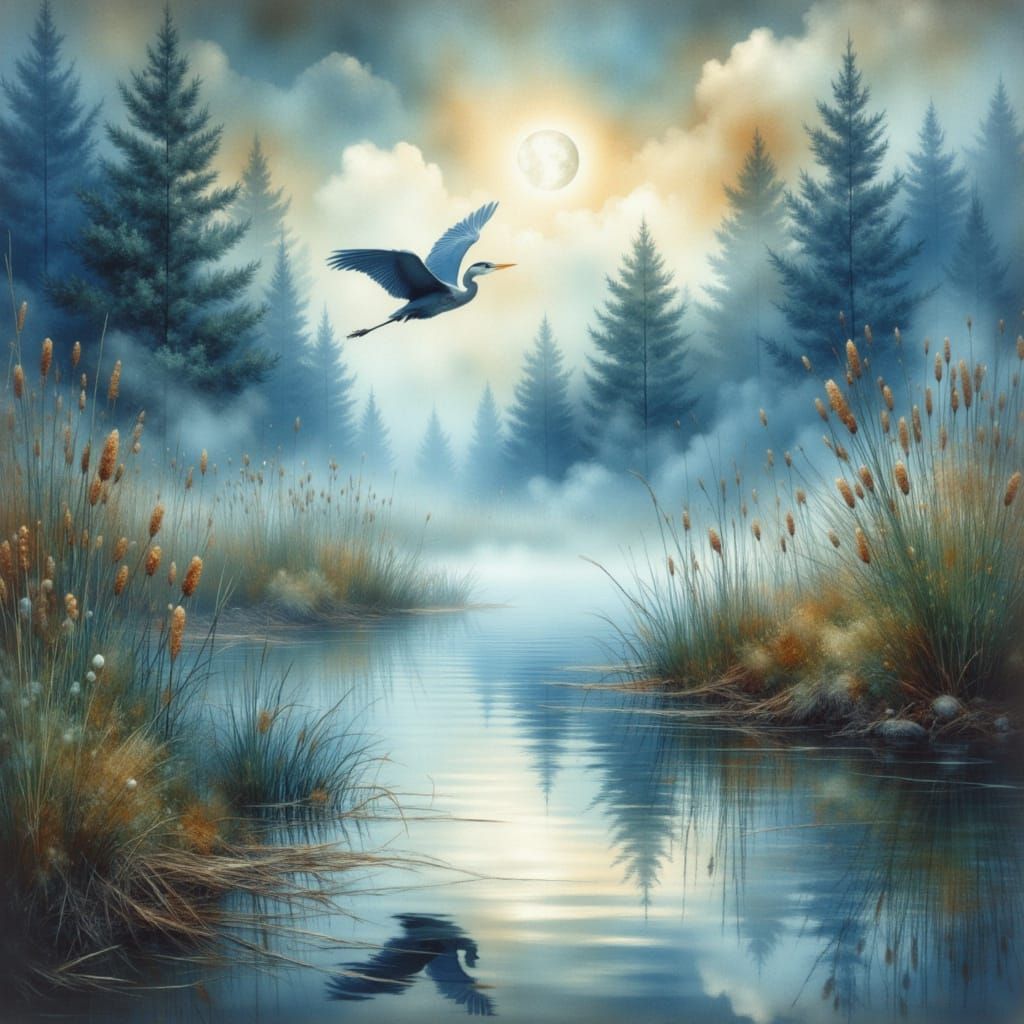 Blue Heron Flight in Dreamy Ink Wash Landscape