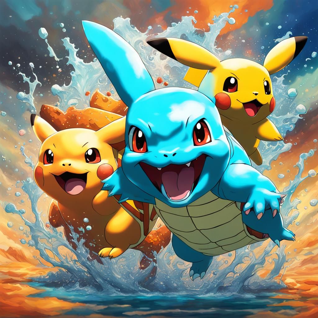 The Original Four Pokemon in Hyperrealistic Splash Art