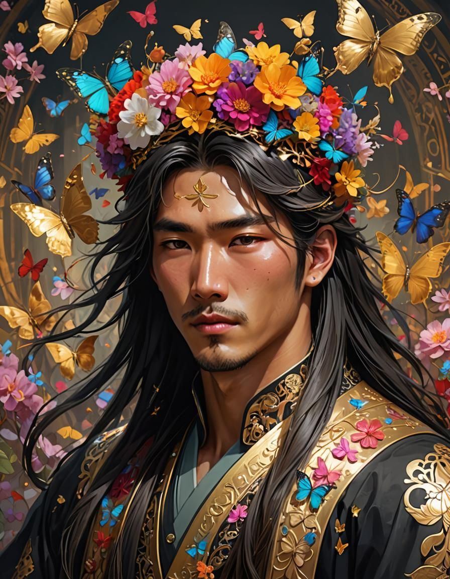 Majestic Korean Man Portrait with Floral Crown