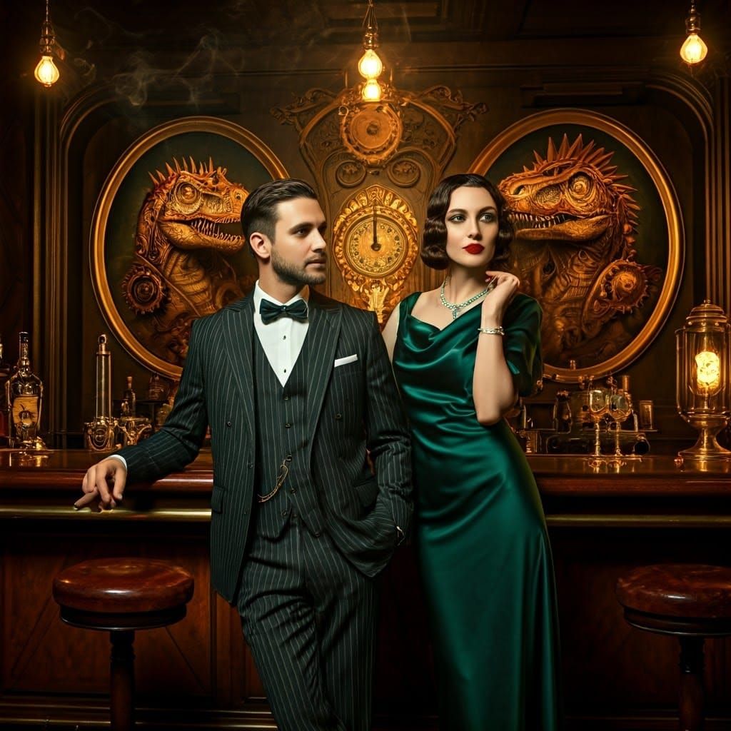Elegant Couple Enchants in Golden-Lit Art Deco Speakeasy