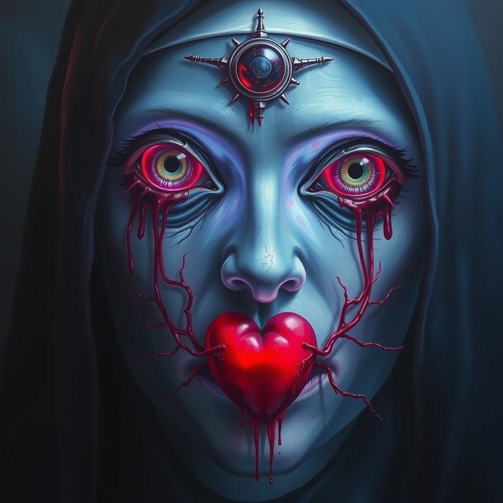 Haunted Nun with Bleeding Eyes: Dystopian Matte Painting