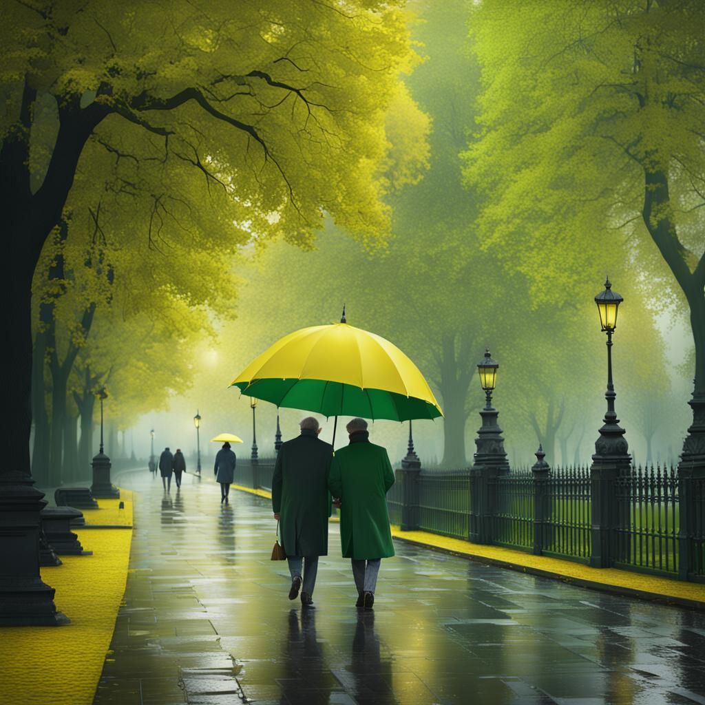London Park Couple in Spring Rain: Detailed Matte Painting
