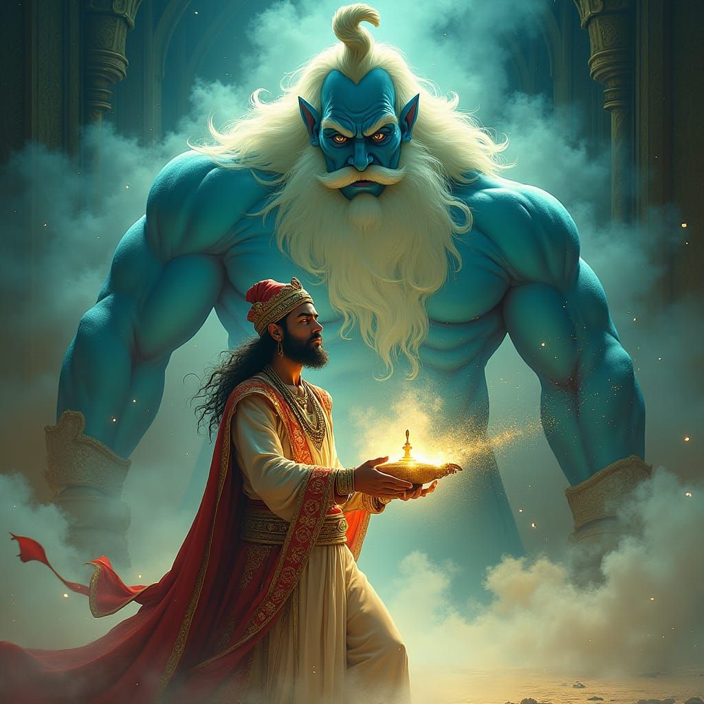 Aladdin Summons the Genie in Art Nouveau Style