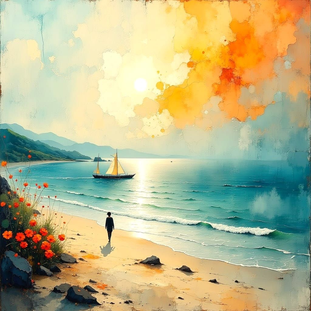 Vibrant Ocean Boat in Acrylic Oil Watercolor