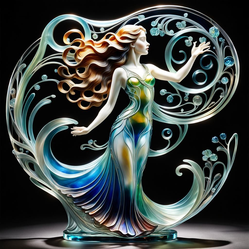 Art Nouveau Glass Sculpture of Elegant Woman