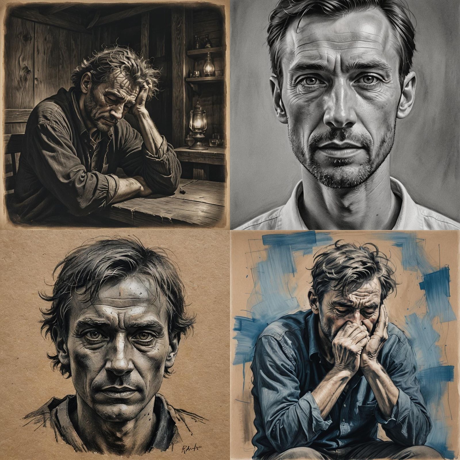 Distressed Man's Portrait in Charcoal on Paper