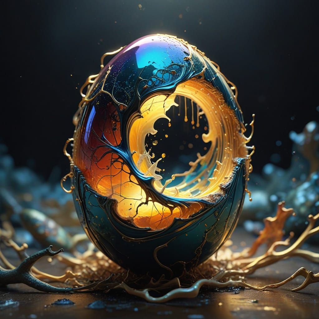 Surrealist Masterpiece: Iridescent Egg Unfolds into Fantasti...