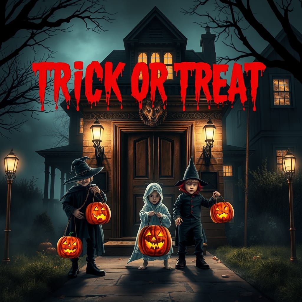 Eerie Halloween Scene with Trick-or-Treaters in Gothic Style