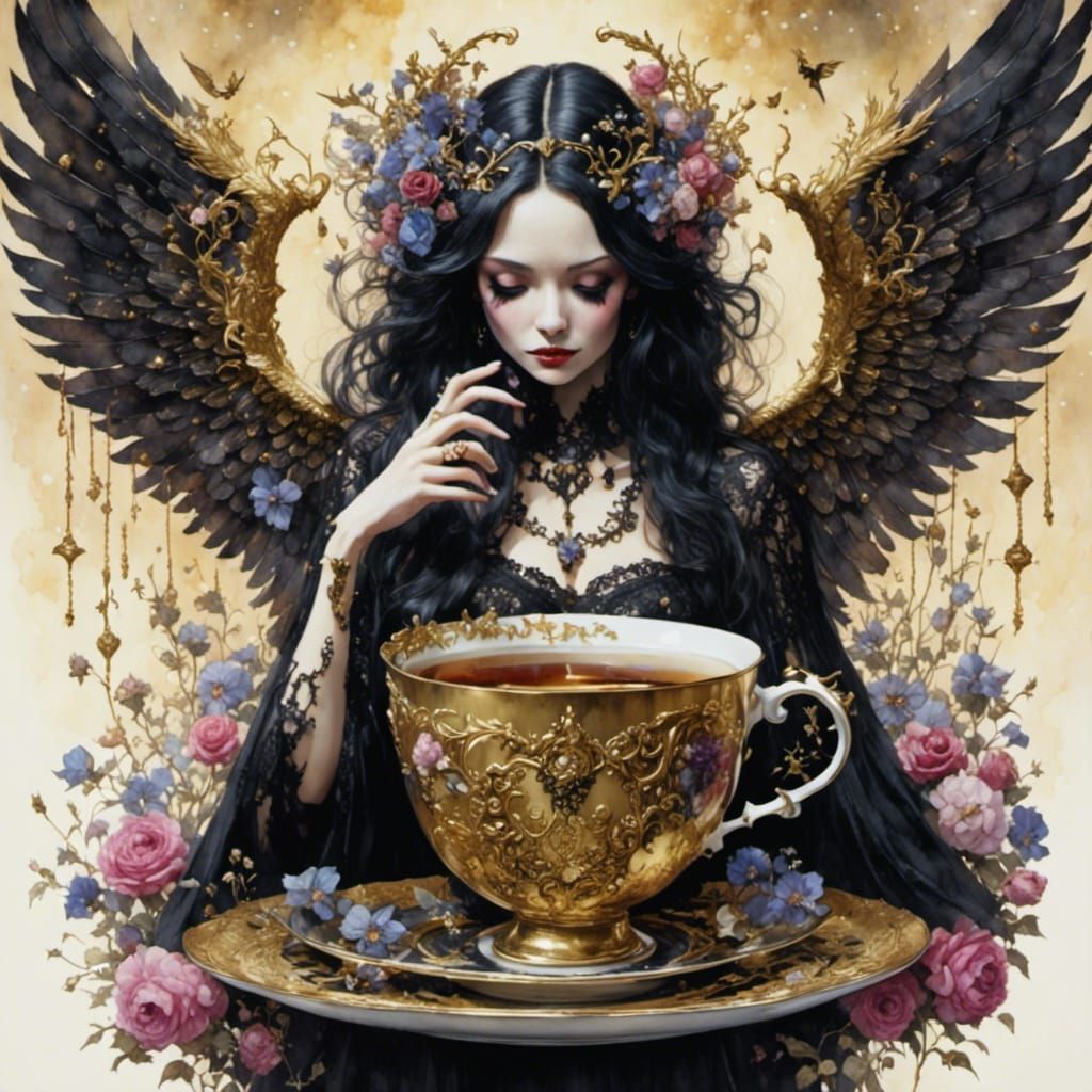 Gothic Angel of Death in Teacup: Fairytale Art