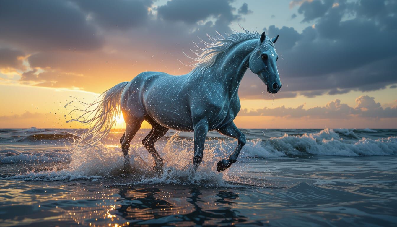 Liquid Horse Made of Water at Sunset