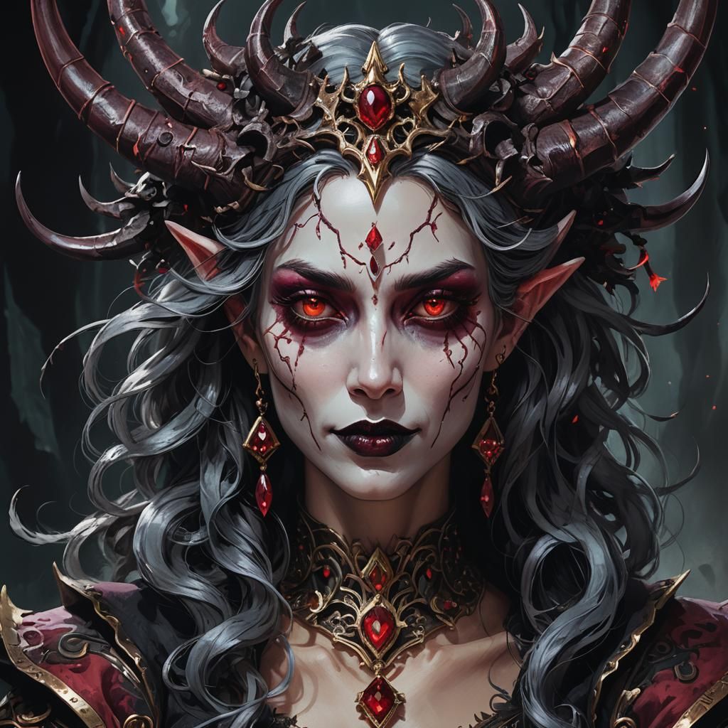 Dark Fantasy Sorceress with Ruby Eyes and Black Horns