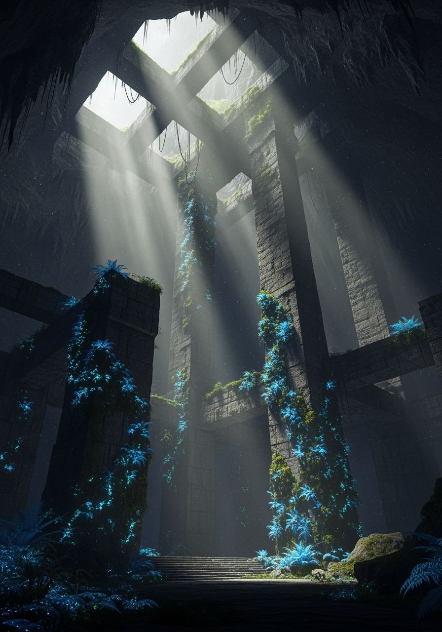 Brutalist Temple in Bioluminescent Cavern