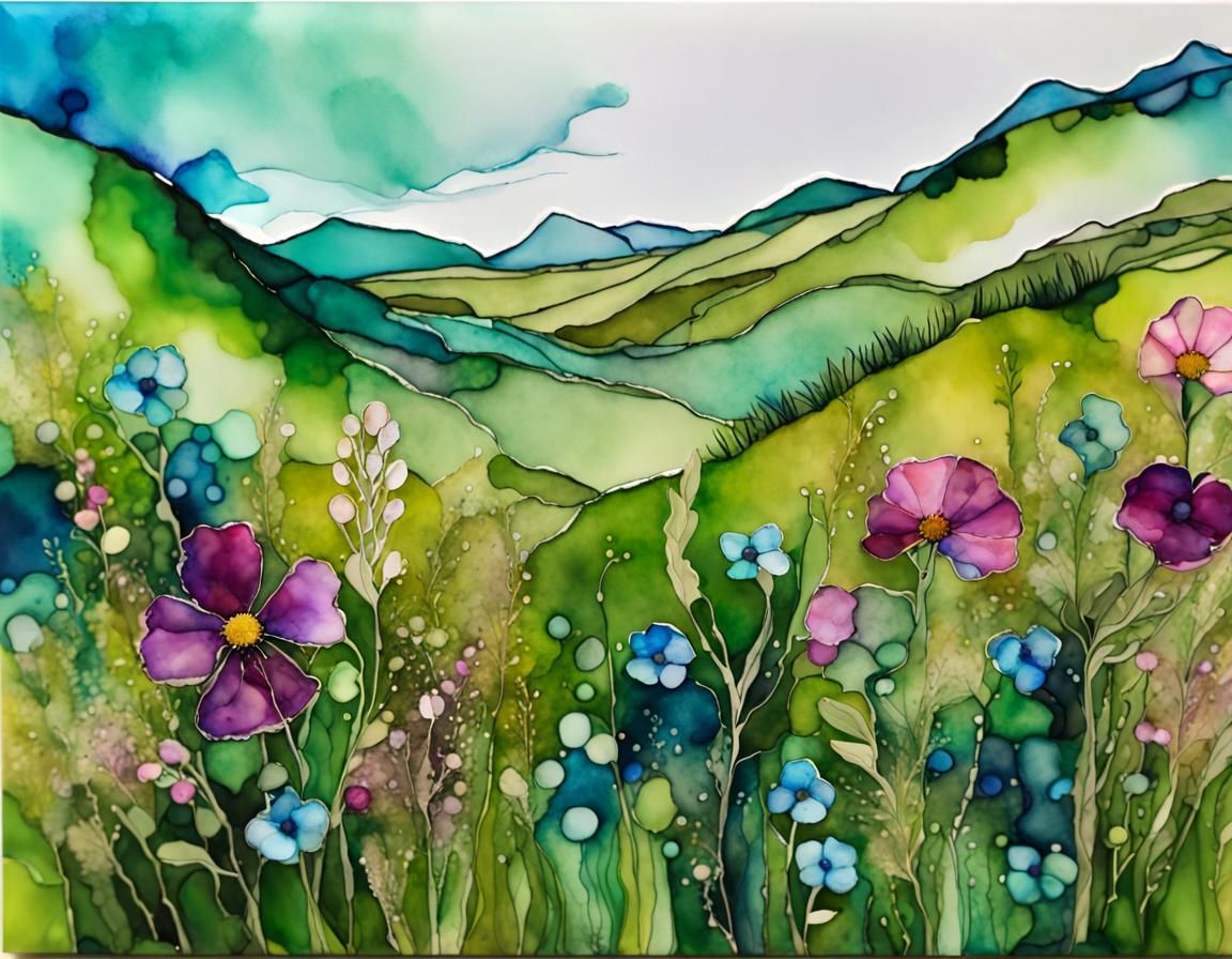 Alcohol Ink Wildflower Meadow on Green Hills