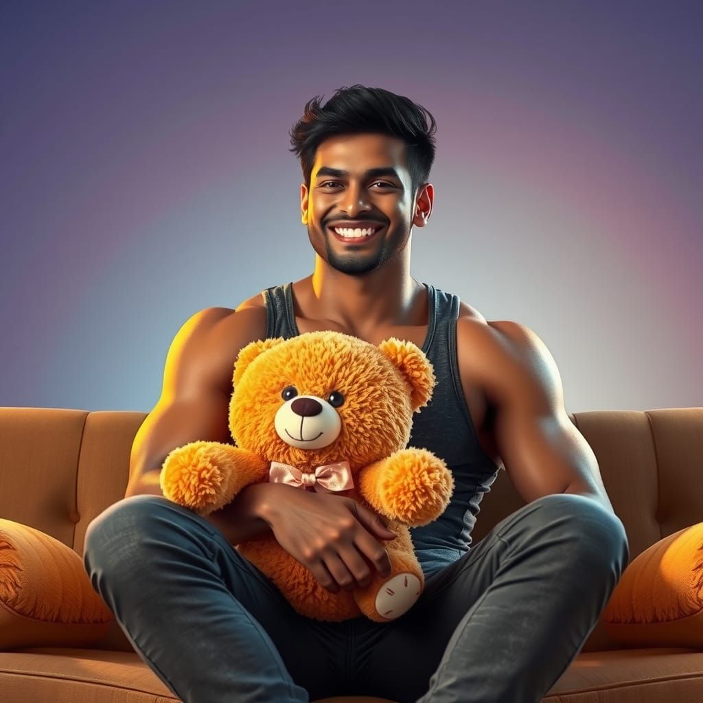 Athletic Indian Man with Teddy Bear, Hyper-Realistic Portrai...