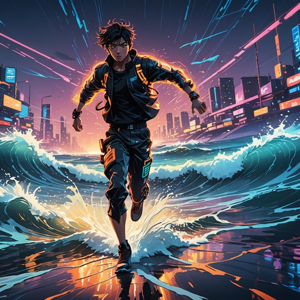 Cyberpunk Runner Over Ocean Waves in Anime Style