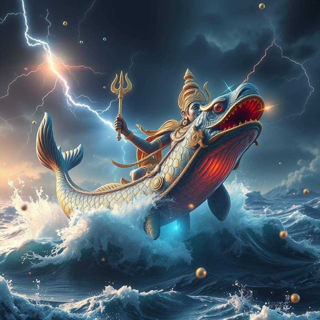 Matsya Avatar Emerges from Cosmic Ocean in VFX Style