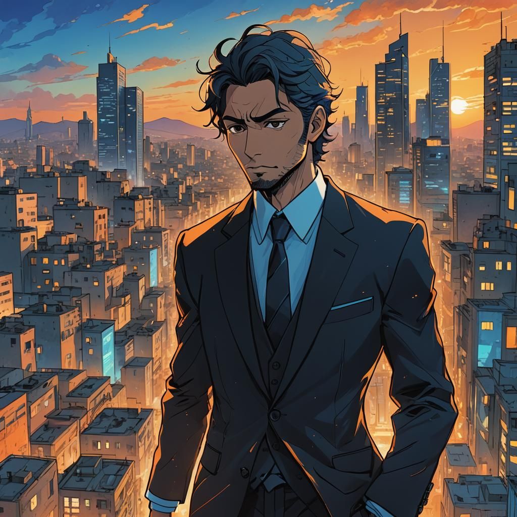 Palestinian Man in Anime-Style Cityscape