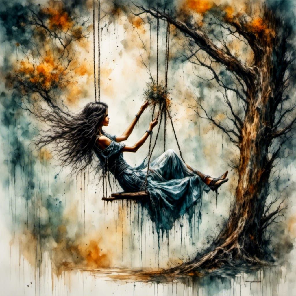 Woman on Swing: Impressionistic Watercolor Painting