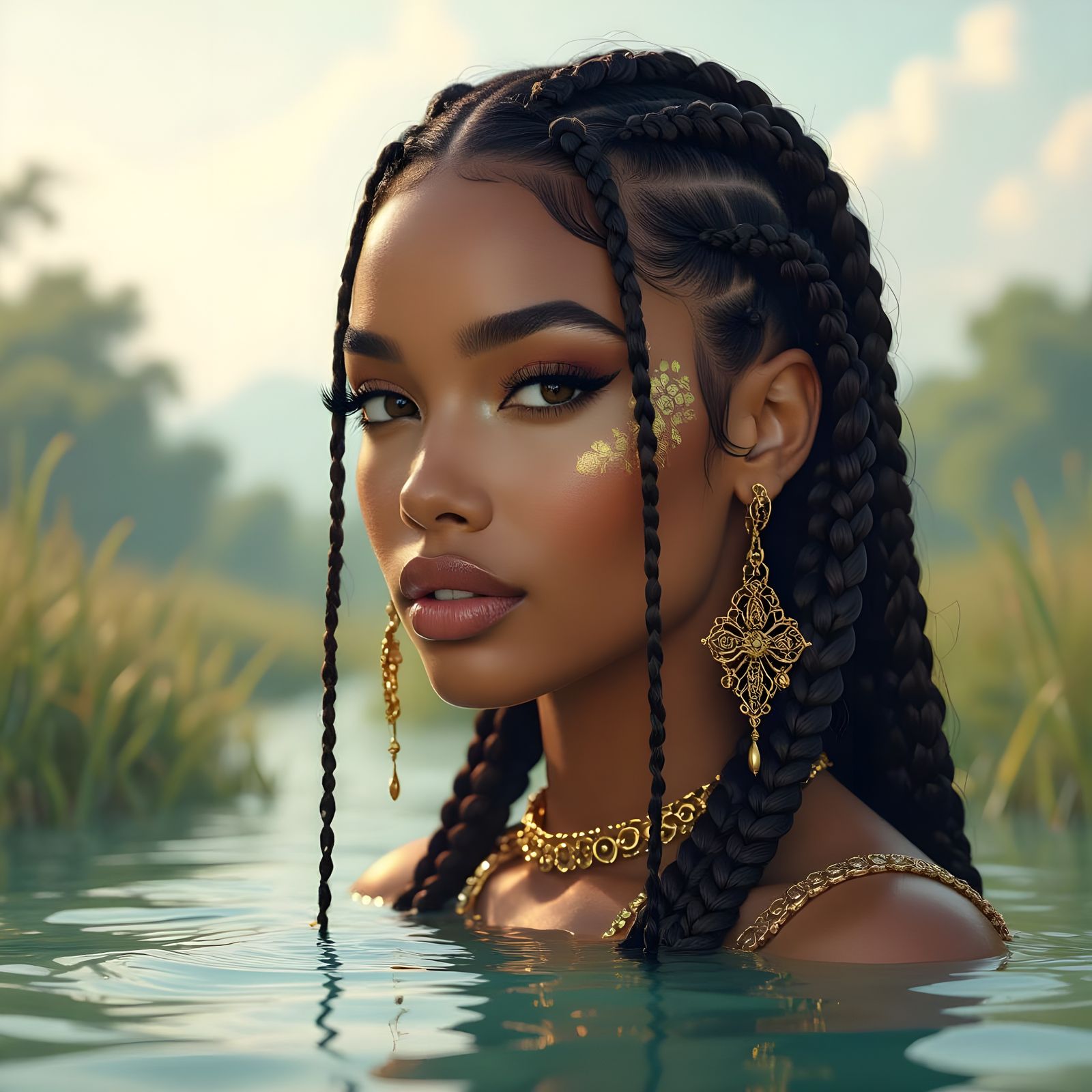 Dreamlike Portrait with Braids and Golden Branches
