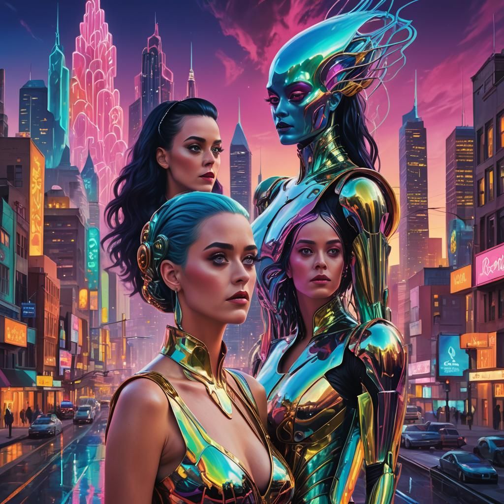 Katy Perry and Alien in Surreal Cityscape