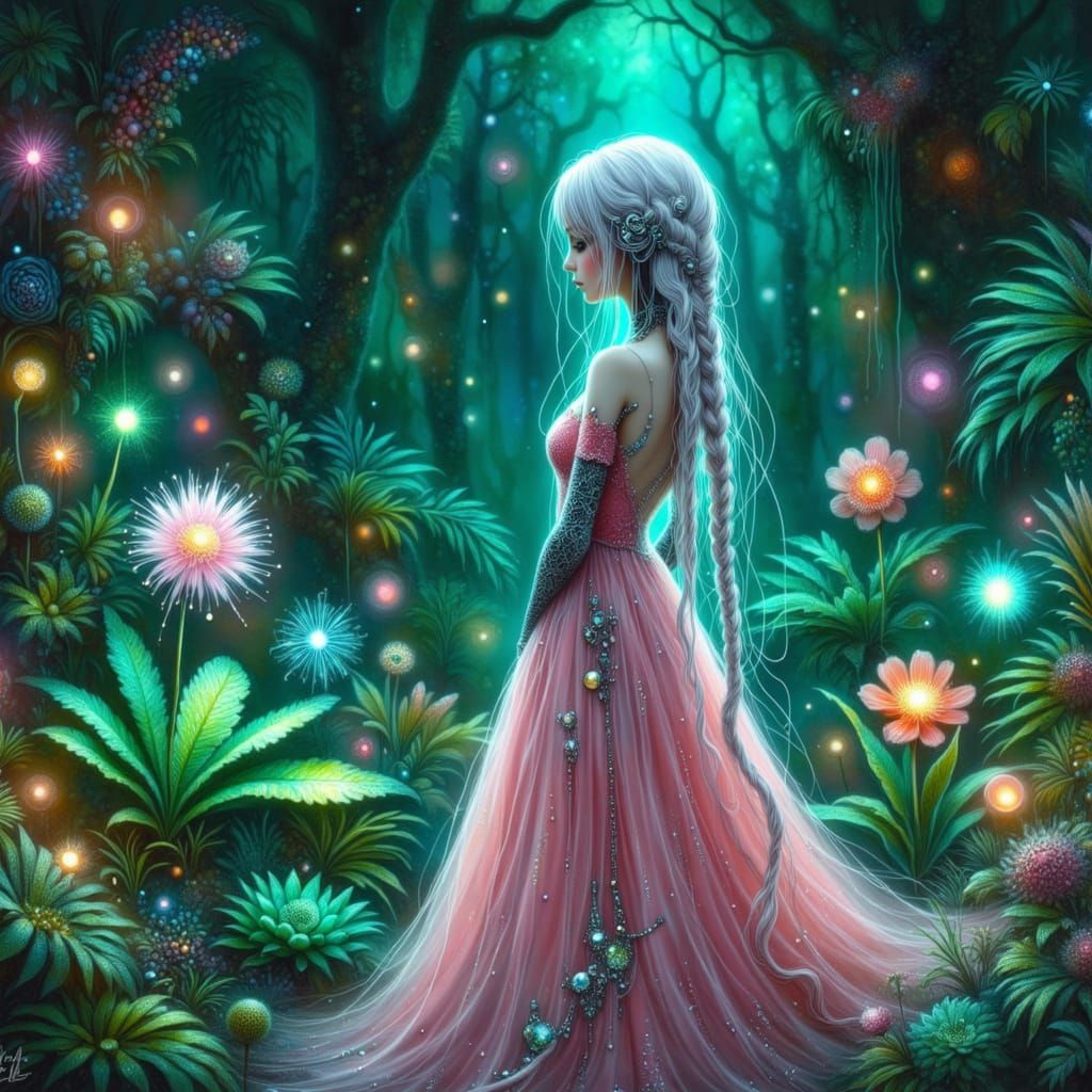 Cyborg Queen in Neon Garden with Bioluminescent Flora
