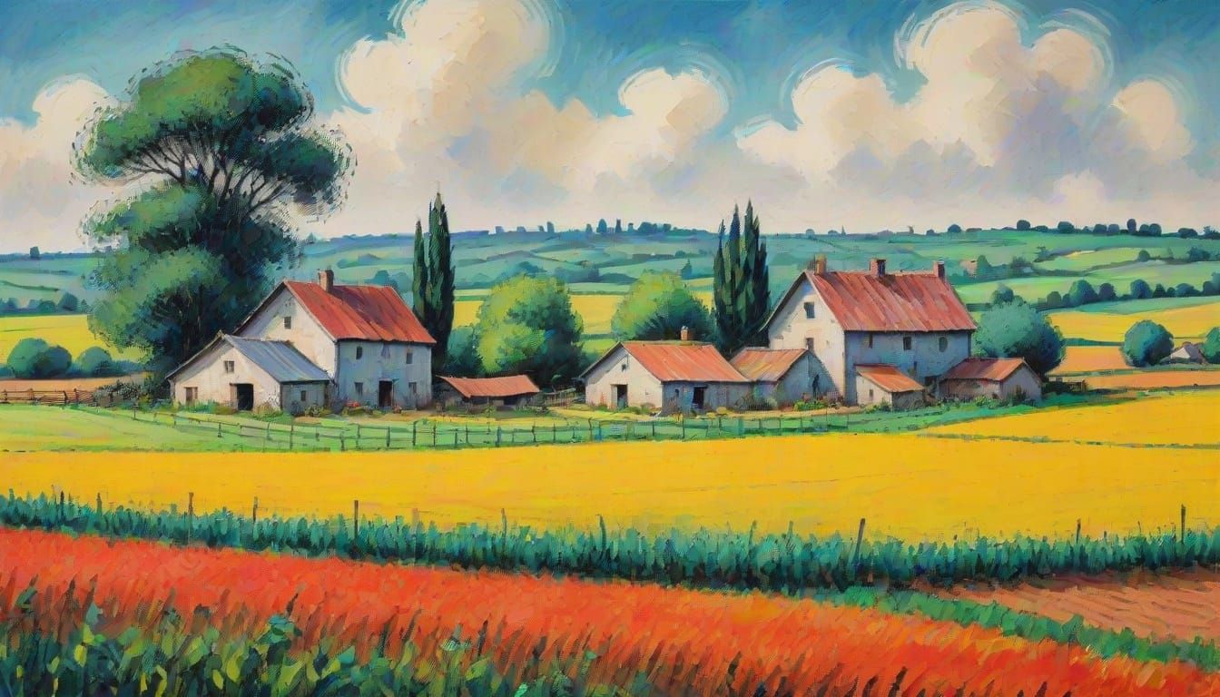 A Farm in the Heart of a Vibrant Field, in Impressionist Sty...
