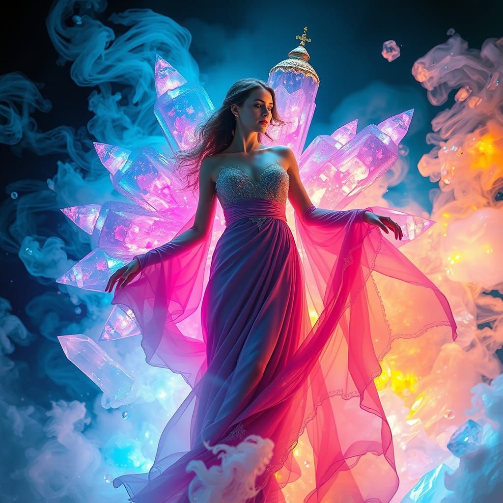 Ethereal Woman Emerges from Crystalline Dreamscape
