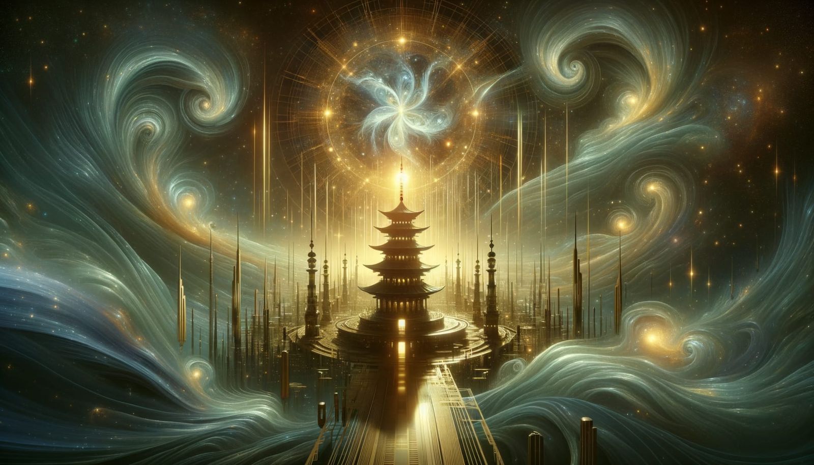 Golden Pagoda Protects Cosmic Space Station in Art Nouveau S...