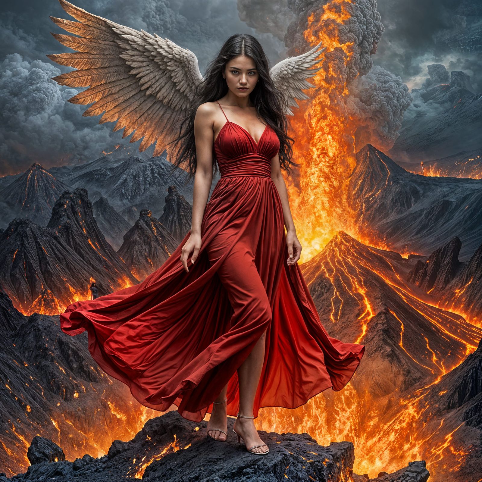 Angel in Red Dress on Erupting Volcano Rim