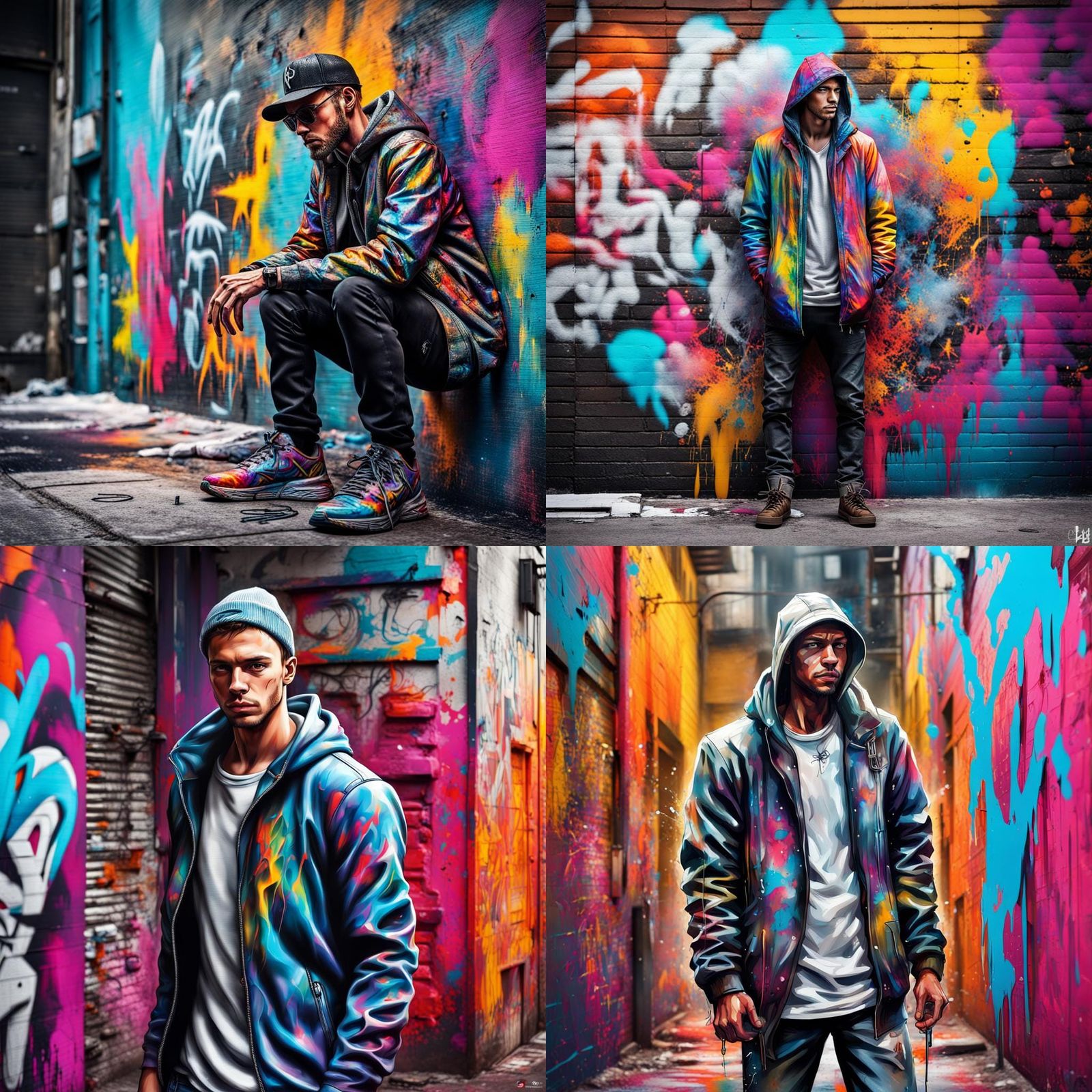 Male walking down urban street. Splash art.